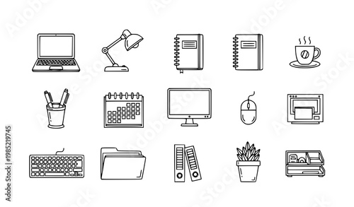 A collection of office supplies and technology icons in a minimalist line art style