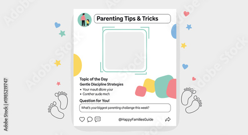 Social media post template for parenting tips and tricks, featuring gentle discipline strategies and a question for engagement.