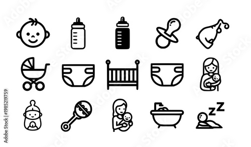 A set of black and white vector icons depicting baby care and nursery symbols