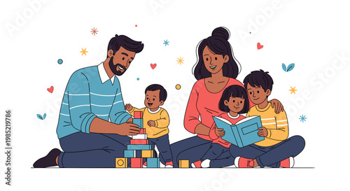 A diverse family with parents and three children enjoying quality time together, playing with blocks and reading a book.