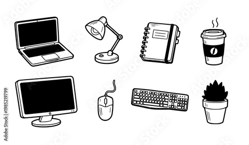 A set of office supplies and technology in a minimalist line art style