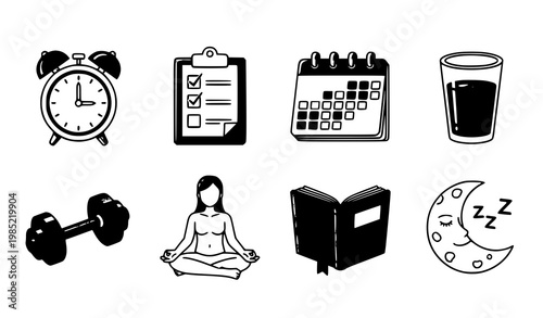 A set of black and white vector icons representing daily routine and wellness