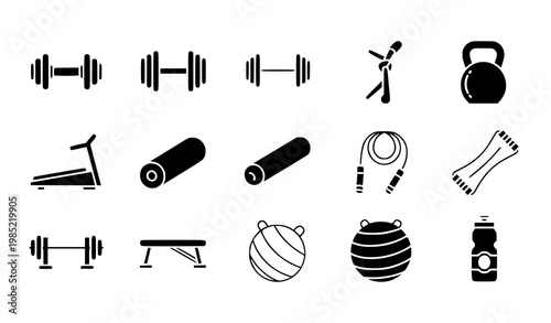 A set of black and white vector icons depicting various fitness equipment and tools