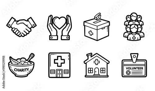 A set of vector icons representing charity and volunteer work