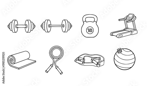 A set of fitness icons including dumbbells, kettlebell, and exercise equipment