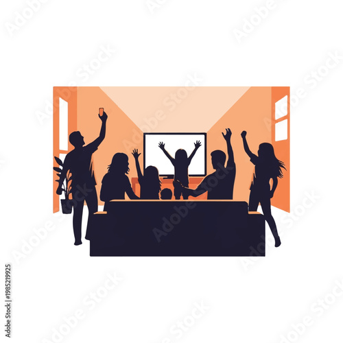 Minimalist flat illustration of silhouettes of a family celebrating in a living room in front of a glowing television screen. Warm domestic atmosphere, joy. minimalist flat vector artwork,