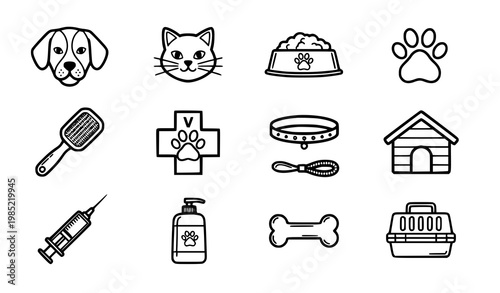 A set of black and white line art icons related to pets and veterinary care