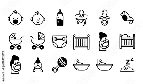 A set of black and white vector icons depicting baby care and nursery items