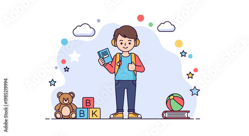 A young boy with headphones holding a book, surrounded by toys and educational elements, symbolizing childhood learning and play.