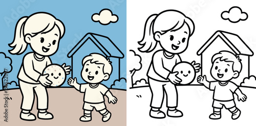 Mother and Child Playing Ball Coloring Page