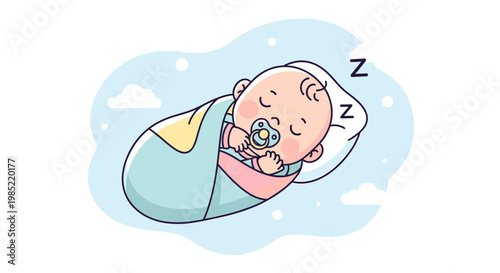 Cute cartoon illustration of a peaceful newborn baby sleeping soundly on a pillow, swaddled in a blanket with a pacifier.