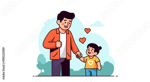 A loving father and child holding hands with hearts, depicting family bond and affection in a cartoon style.