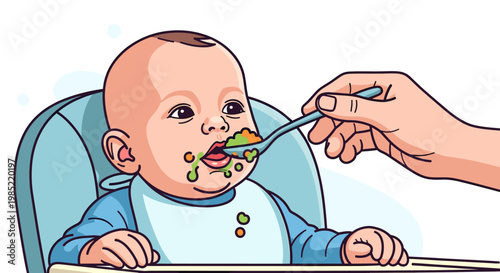 A cute baby in a high chair being fed pureed vegetables by an adult hand, making a mess during mealtime.