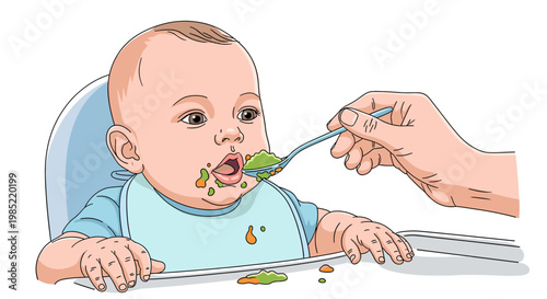 A cute baby in a high chair being fed pureed green and orange food with a spoon by an adult hand, making a mess.