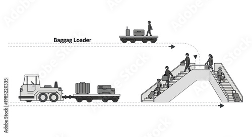 Airport baggage handling: loading luggage onto plane stairs and truck