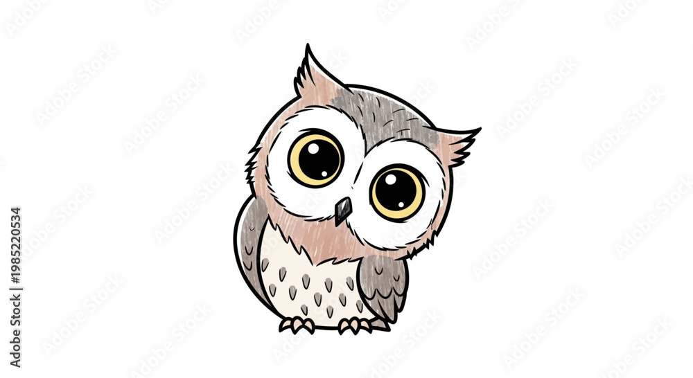 Fototapeta premium Cute baby owl illustration, cartoon style, big eyes, white background