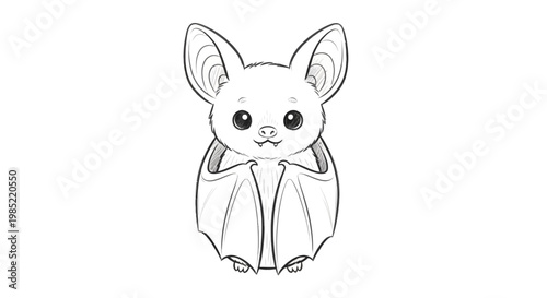 Cute Bat Drawing, Cartoon Style, Black and White Sketch