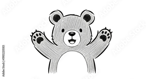 Cute cartoon bear waving hello, pencil sketch style