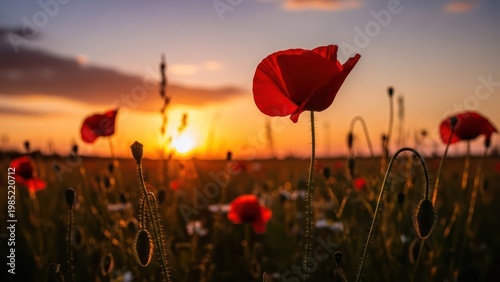 Red poppies in sunset field.