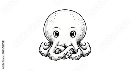 Cute cartoon octopus drawing, black and white sketch, isolated on white background