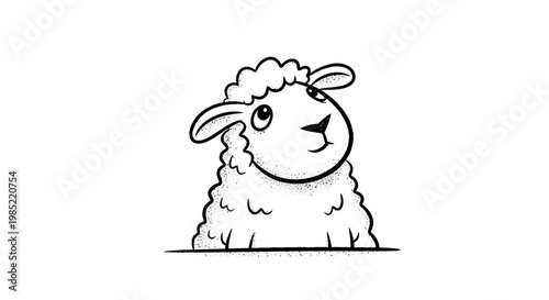 Cute cartoon sheep looking up curiously, black and white line art