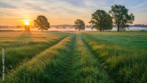 Sunset over green grass field.