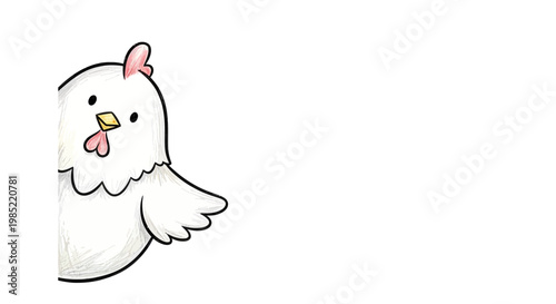 Cute chicken peeking from side, cartoon style, white background