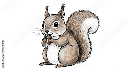 Cute squirrel holding an acorn, illustration