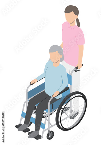 車椅子を押す介護士・アイソメトリック