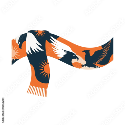 A soccer scarf draped in a wave shape featuring abstract eagle and sun patterns, minimalist orange and dark blue palette, minimalist flat vector artwork, clipart style, absolute solid block