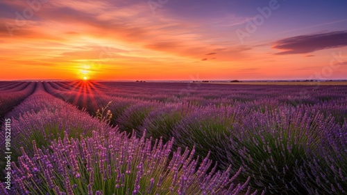Lavender field at sunset dusk.