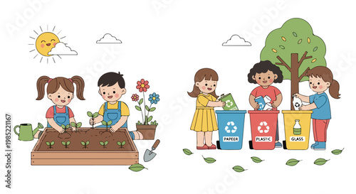 The illustration depicts cute children planting seedlings and sorting trash into colorful recycling bins to learn about protecting the environment.