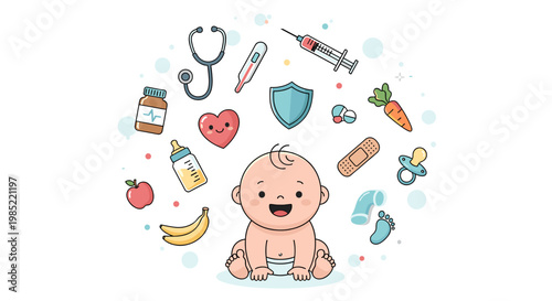 A cute baby surrounded by various medical and health-related icons, symbolizing infant care and well-being.