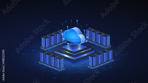 Isometric cloud storage platform surrounded by server clusters representing scalable data center network infrastructure.