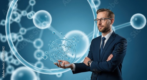 Businessman interacting with futuristic technology.