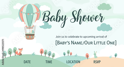 A whimsical baby shower invitation featuring a hot air balloon, cute animals, and a dreamy landscape.