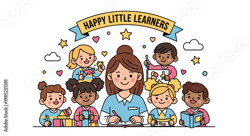 A cheerful illustration of a teacher with a group of diverse, happy young children engaged in learning activities.