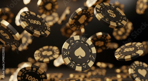Golden poker chips falling down.