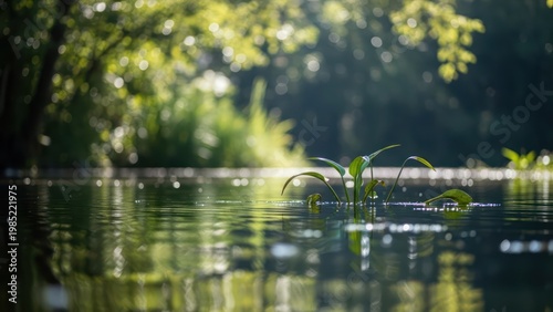 Serene lake with green trees.