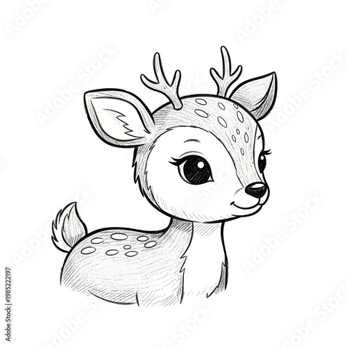 Cute deer fawn sketch, adorable baby animal drawing, whimsical forest creature