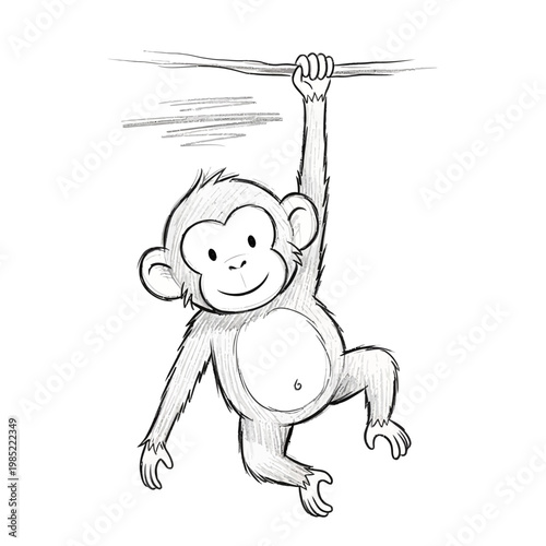 Cute monkey hanging on a branch, sketch illustration