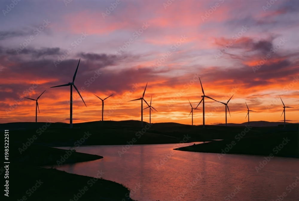 Obraz premium Silhouette of wind turbines over water at vibrant orange and purple sunset
