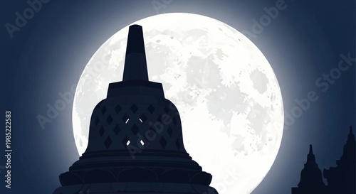 A serene nighttime scene featuring a temple silhouette under a full moon.
