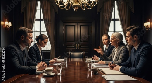 Businessmen in formal meeting discussion.