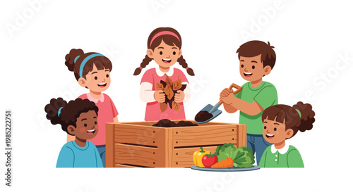 A group of enthusiastic diverse kids are working together to make compost in a wooden garden bin using soil and dry autumn leaves.