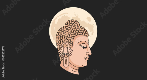 Buddha's serene profile illustration faces the moonlit night sky peacefully