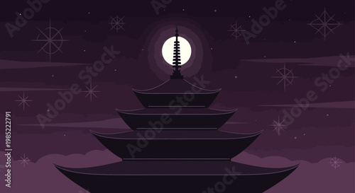 A serene pagoda stands under a glowing moonlit night sky with snowflakes.