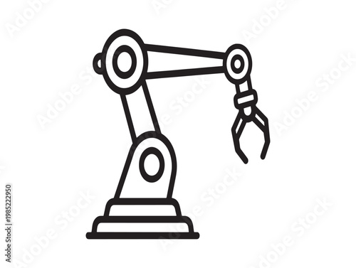 Black and white line art of a robotic arm with gripper industrial automation concept