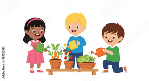 Three diverse children are happily watering potted vegetables like carrots, tomatoes, and lettuce with colorful watering cans in a garden.