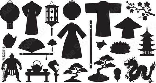 Pair of elegant women wearing traditional Asian attire and carrying trays with hot tea and snacks for a ceremony in a simple illustration.